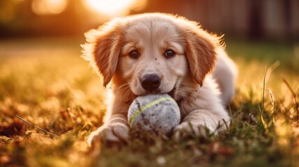 Generative AI. Wallpaper. Real photo. Happy dog. Adorable dog playing with his toy outdoors. Close-up. dog smiles, happy dog. charming, animal.