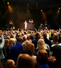 Dance, music and stage with crowd at festival for concert, dj show and rave performance. Rock,...