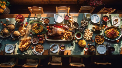 Fototapeta na wymiar Thanksgiving Celebration Traditional Dinner Setting Food Concept. Thanksgiving Turkey with all sides on table, lots of seasonal festive food. Generative Ai