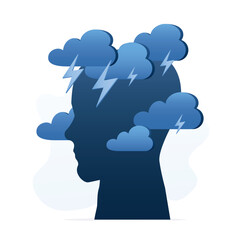 Silhouette of head with clouds and lightning. Psychiatric illness problem. Mental disorders, sorrow and depression. Emotional pressure. Human with negative emotions, bad mood.