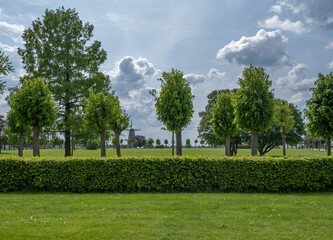 Old windmill in the park against the background of trees and fields