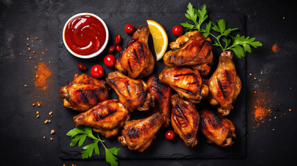 Grilled spicy chicken wings with ketchup on a black plate on a dark slate, stone or concrete background. Top view with copy space. Generative Ai