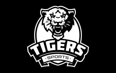 Monochrome sticker, sport logo with tiger mascot. Black and white emblem with the head of a tiger mascot on the background of a shield with a team font. Isolated vector illustration