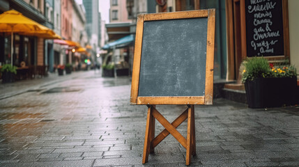 Signboard on the street. Empty menu board stand. Restaurant sidewalk chalkboard sign board. Freestanding. Generative Ai