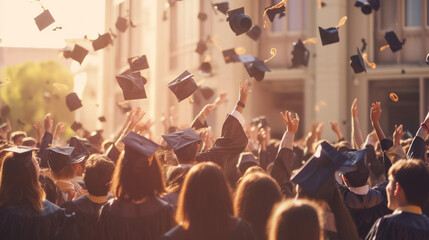 A group of students celebrating their graduation by throwing caps in the air closeup. Generative AI