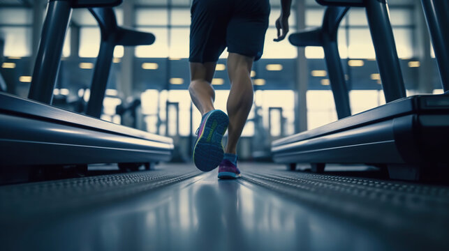 Back view of unrecognizable male legs running on treadmill in gym. Male feet jogging in fitness club. Healthy lifestyle concept. Generative Ai