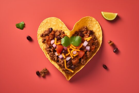 A taco bowl in the shape of a heart isolated on a red background. AI Generative