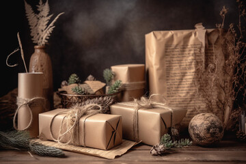 Fototapeta na wymiar Eco christmas holiday concept, Christmas gift zero waste, eco friendly hand made box packaging gifts in kraft paper wooden table, generative ai.