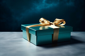Elegant blue giftbox with golden sating ribbon for Christmas or anniverasary. Generative ai