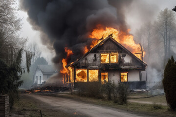 Home insurance concept with burning house. Generative Ai