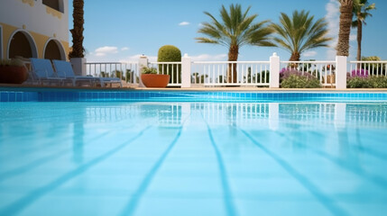 Empty poolside surface with summer travel hotel swimming pool background. Generative Ai