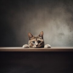 A Cute Cat Peering over a Table with Large Empty Space. Generative AI