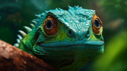 Green colored lizard close up. Generative AI.