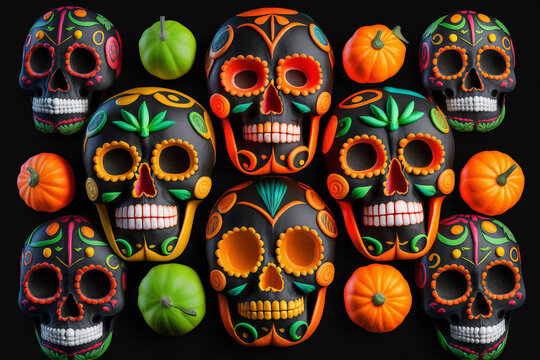 Pattern of Mexican-style skull painted lie on a black background with pumpkins, Halloween concept, Day of all the dead, ai generation