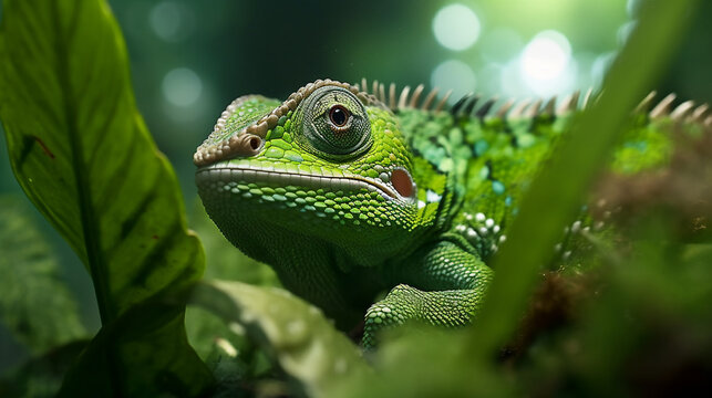 Green colored lizard close up. Generative AI.