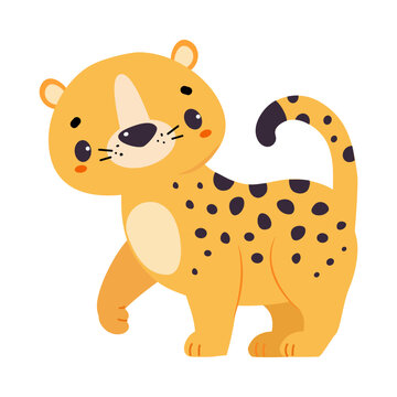 Cute Leopard or Jaguar Cub Walking Vector Illustration