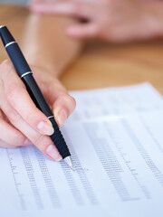 Woman, hands and writing in finance spreadsheet, accounting or paperwork for budget expenses on...