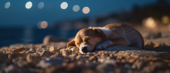 Adorable friendly puppy dog peacefully sleeping under the stars outside on the pebble beach shore, quiet night of relaxing dreams and rest, closeup portrait bokeh blur - generative ai