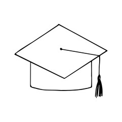 graduation cap hand drawn in doodle style. icon, sticker in simple linear style.