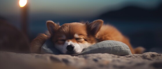 Adorable friendly puppy dog peacefully sleeping under the stars outside on the pebble beach shore, quiet night of relaxing dreams and rest, closeup portrait bokeh blur - generative ai