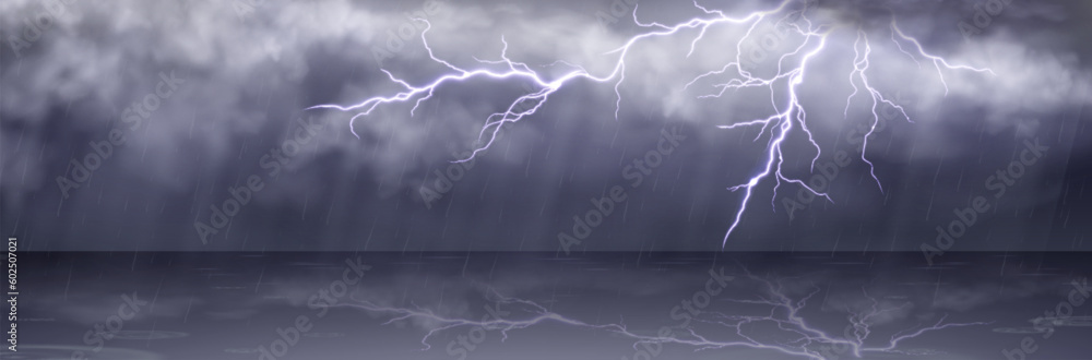 Poster rainy thunderstorm vector background lightning in sky. dark cloudy storm weather and thunder in autu