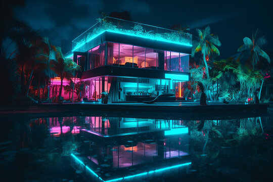Flowing water villa with cyberpunk aesthetic.