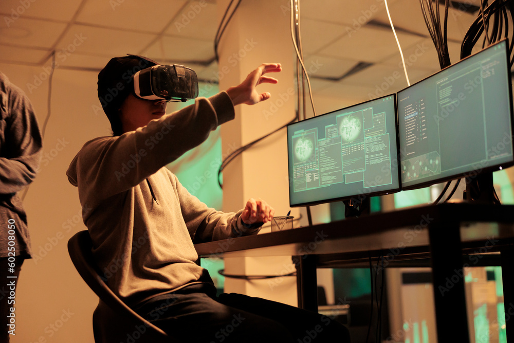 Poster professional spy breaking into server with virtual reality, hacking computer network to steal databa