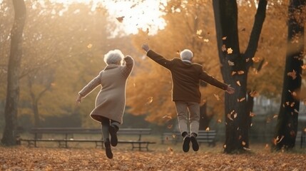 Happy senior couple jumping in the park. Outdoor leisure activities, together forever in love and relationship. Financial independence or pension increase concept. Generative AI