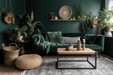 Fototapeta na wymiar Chic boho living room with a velvet green sofa, woven rug, and plants in wicker baskets, generative AI