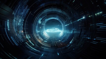 Obraz premium Digital cyberspace glowing tunnel on dark abstract background with copy space. Blue color. Cyber data vortex illustration. AI generative image.