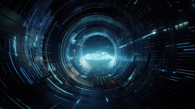 Digital cyberspace glowing tunnel on dark abstract background with copy space. Blue color. Cyber data vortex illustration. AI generative image.