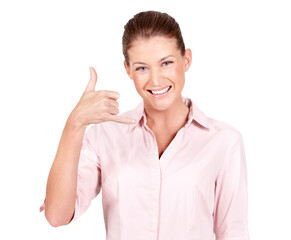 Portrait, happy woman and call me with hands, studio and isolated white background for talking....