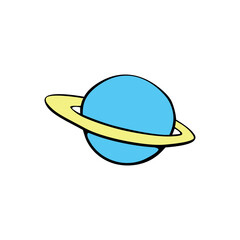 Vector outline Saturn, Planet, satellite, space object in doodle flat style. Simple color design element, icon, clip art on theme of cosmos, astronomy, kids design
