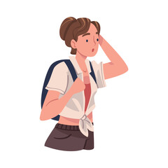 Young Woman Character Engaged in Local Tourism Wearing Backpack and Hiking Vector Illustration