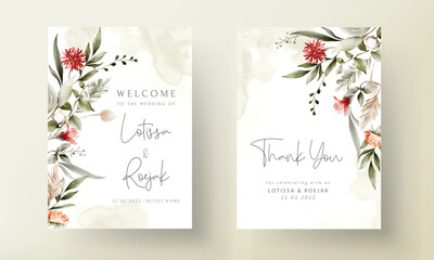 beautiful flower and leaves watercolor wedding invitation card with boho color