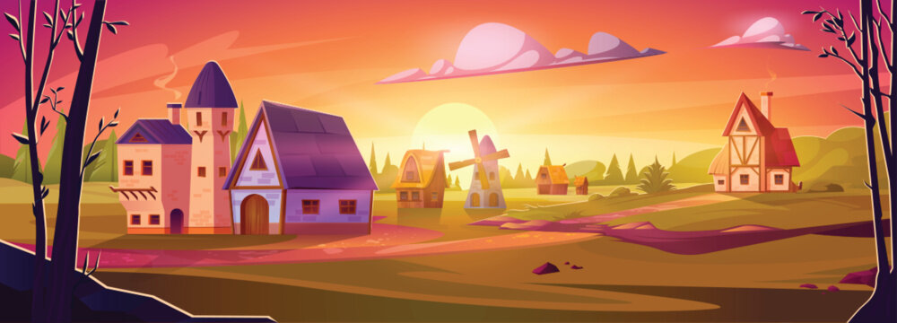 Cartoon medieval town at sunset. Vector illustration of old stone houses and mill in European style, green field, pine forest, stones near footpath, sun going down on horizon. Farming game background