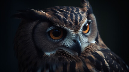 Dark colored owl close up. Generative AI.