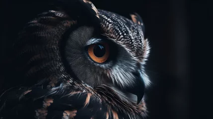 Photo sur Plexiglas Dessins animés de hibou Dark colored owl close up. Generative AI.