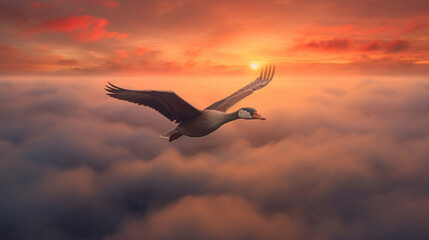 Fototapeta na wymiar Flying goose above the clouds at sunset in warm colors