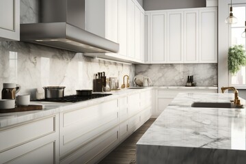 Fototapeta na wymiar 3D rendering of a white kitchen with marble backsplash and island, closeup. Generative AI
