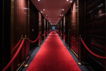 Red Carpet hallway with barriers and red ropes for Cinema and Fashion awards, a ceremony for celebrities persons, generative AI