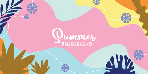 summer background of amazing shapes, wave patterns, leaves, flowers, herbs with free space for text. Template for banner, poster, social media, web.