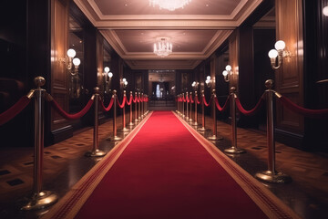 Red Carpet hallway with barriers and red ropes for Cinema and Fashion awards, a ceremony for celebrities persons, generative AI