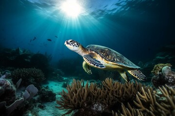 Fototapeta na wymiar A hawksbill turtle swims above a coral reef while the sun shines down on the ocean's surface. Generative AI