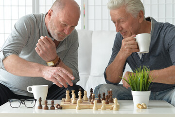 two old senior men playing chess at home