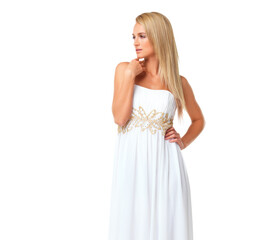 Fashion, beauty and woman in prom dress for party, celebration or formal event with mockup. Couture, designer and luxury with girl in evening gown for style, elegant and wedding in studio background