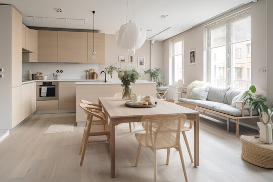 Stylish home office design includes a wooden desk, natural elements, an avocado plant, a bamboo shelf, plants, and rattan accents. neutral interior design, generative AI