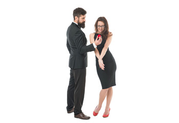 Real happiness. marry me on valentines day. making marriage proposal. man and woman on romantic date. unexpected surprise. Man holding box with ring making propose to girlfriend. couple in love