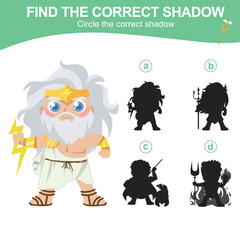 Find the correct shadow of Zeus the Greek god of sky, thunder, and lightning. Matching shadow game for children. Worksheet for kid. Educational printable worksheet. Vector illustration.