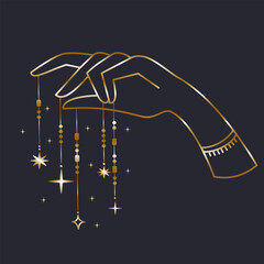 Linear gold Vector Illustration. Magical hand drawings. The concept of magic and healing with hands. Cosmos in hand, cosmoenergetics. 